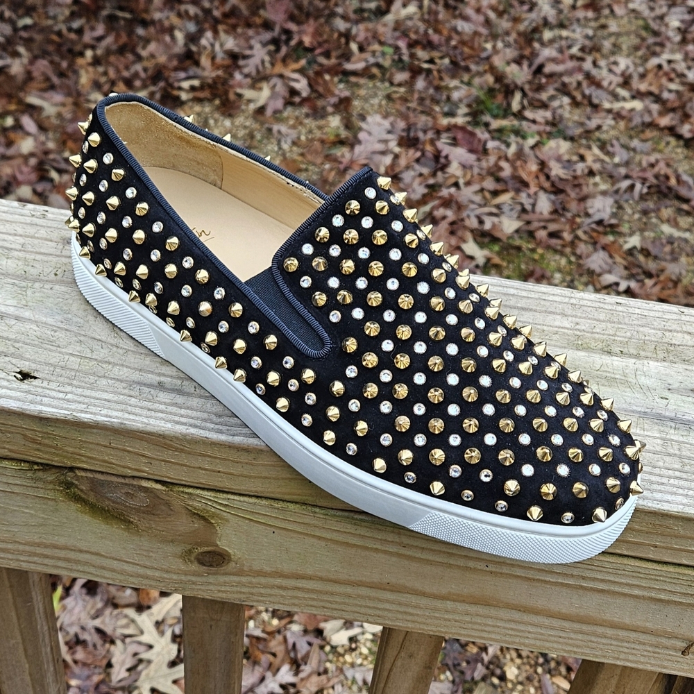 Men's Christian Louboutin Black Suede Spike-Studded Luxury Loafers Size 10 US - Picture 12 of 16